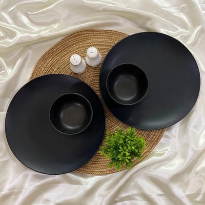 Ceramic Dining Combo Studio Collection- Matte Black Ceramic 10.2Inchs Dinner Plates and Bowls- Set of 4 || Breakfast Combo|| Dinner Set