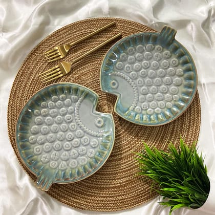 CERAMIC DINING Sea Green Glaze of Vibrant Shades Fish Serving Platter Set of 2 || Designer Platter || Tabletop Platter