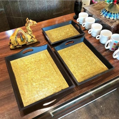 SHAMBHU HANDICRAFTS Arts Serving Tray - Set of 3 - Brass Tray | Breakfast Coffee Tea Trays Serving Trays for Snacks - for Table Decor, Home Decor, Dining and Serving and Gifts