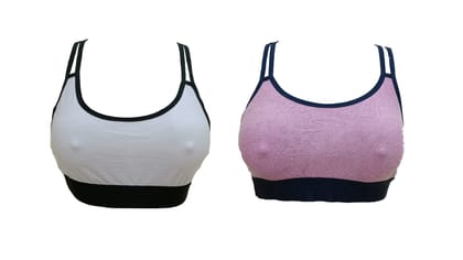 FooFaa Cotton Cross Back Non-Padded Non-Wired Gym Yoga Exercise Sports Bra (Pink-White) - Fits 30" to 34" Bust