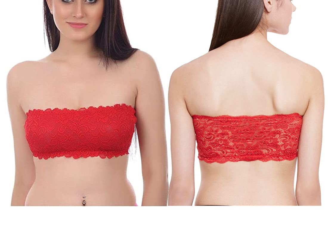 FooFaa Pack of 2 - Lace Net Padded Non-Wired Tube Bra with Cotton Lining  Detachable Straps for Women - Fits 28 to 34 Bust