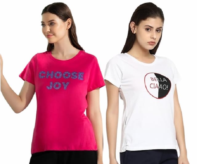 FooFaa Girls Ladies Lounge Cotton Round Neckline and Short Sleeves Top  Tshirt - (Combo Pack of 2)