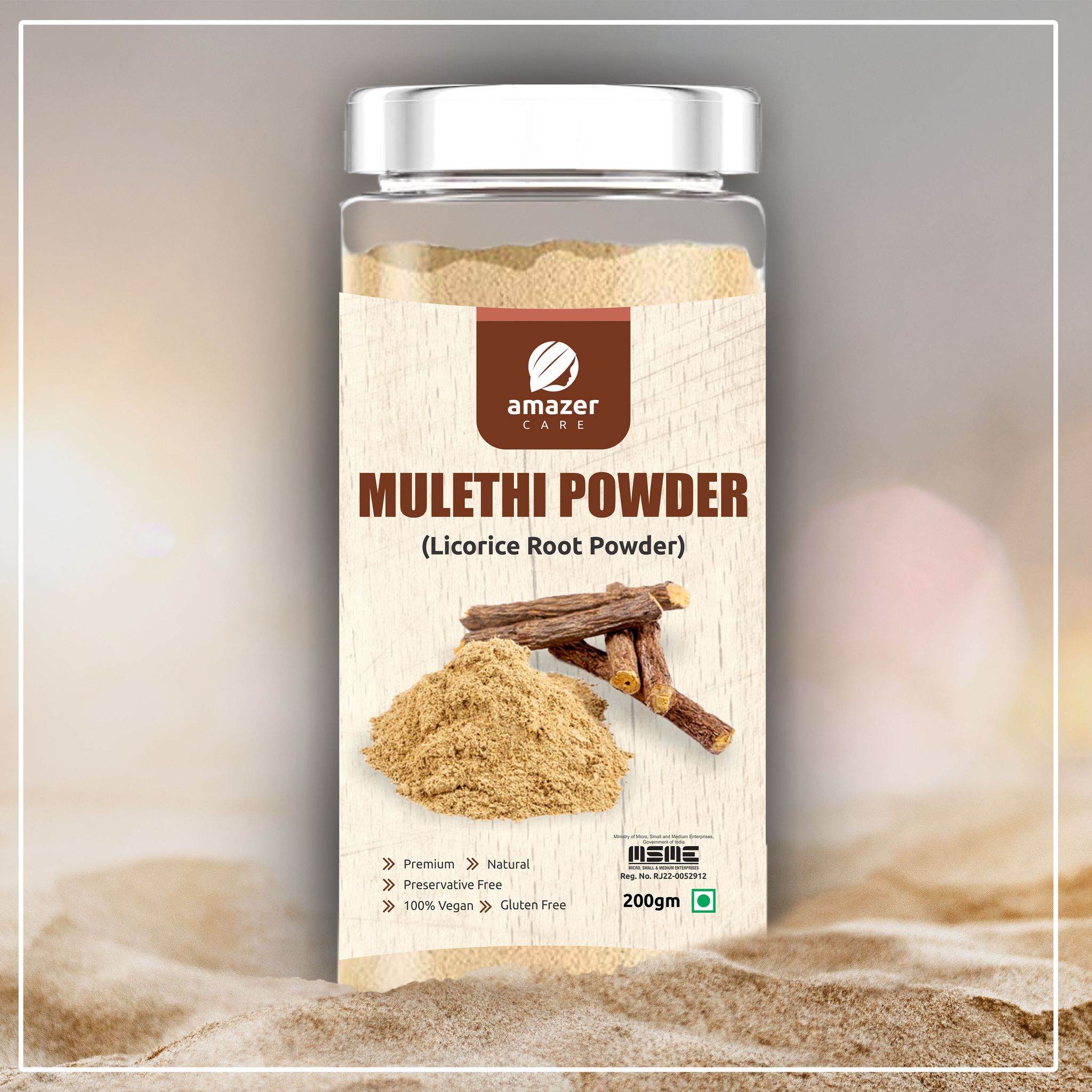 AmazerCare Mulethi Powder, Pure & Natural (Liquorice Root Powder) for Health & Immunity (200gm, Jar Packing) Yashimadhu | Glycyrrhiza glabra