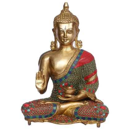 ARTVARKO 16" Big Buddha Statue Handmade Sitting Blessing Buddhism Idol Brass Turquoise Stone Work.