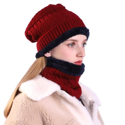HASHONE Woollen Cap with Neck Muffler Set of 2 Free Size Fashion Snow Proof Winter for Men Thick Fleece Lined & Women Ultra Soft Scarf Girl Boy - Warm and Women's Warm Woollen Cap, Scarf (Red)