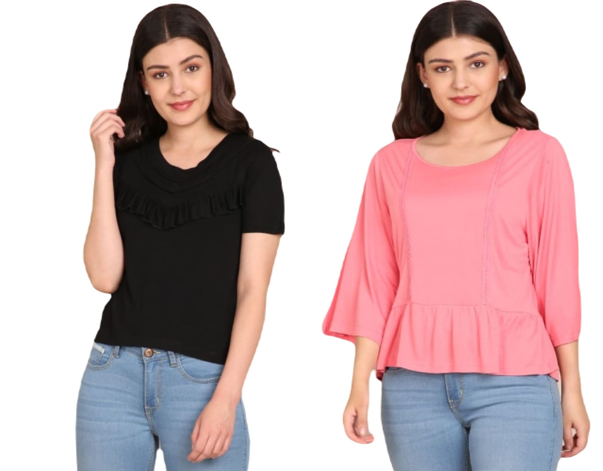 ATTIRIS Women's Viscose Solid Round Neck Regular Top, Pack of 2