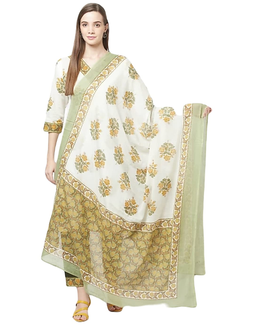 ATTIRIS Women's Cotton Block Print Straight Calf Length Kurta Set with Dupatta, V -Neck, 3/4th Sleeve