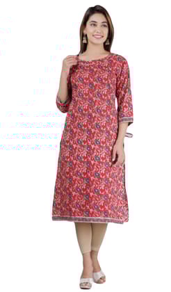 ATTIRIS Women's Cotton Printed Round Neck 3/4th Sleeve Calf Length Straight Kurti