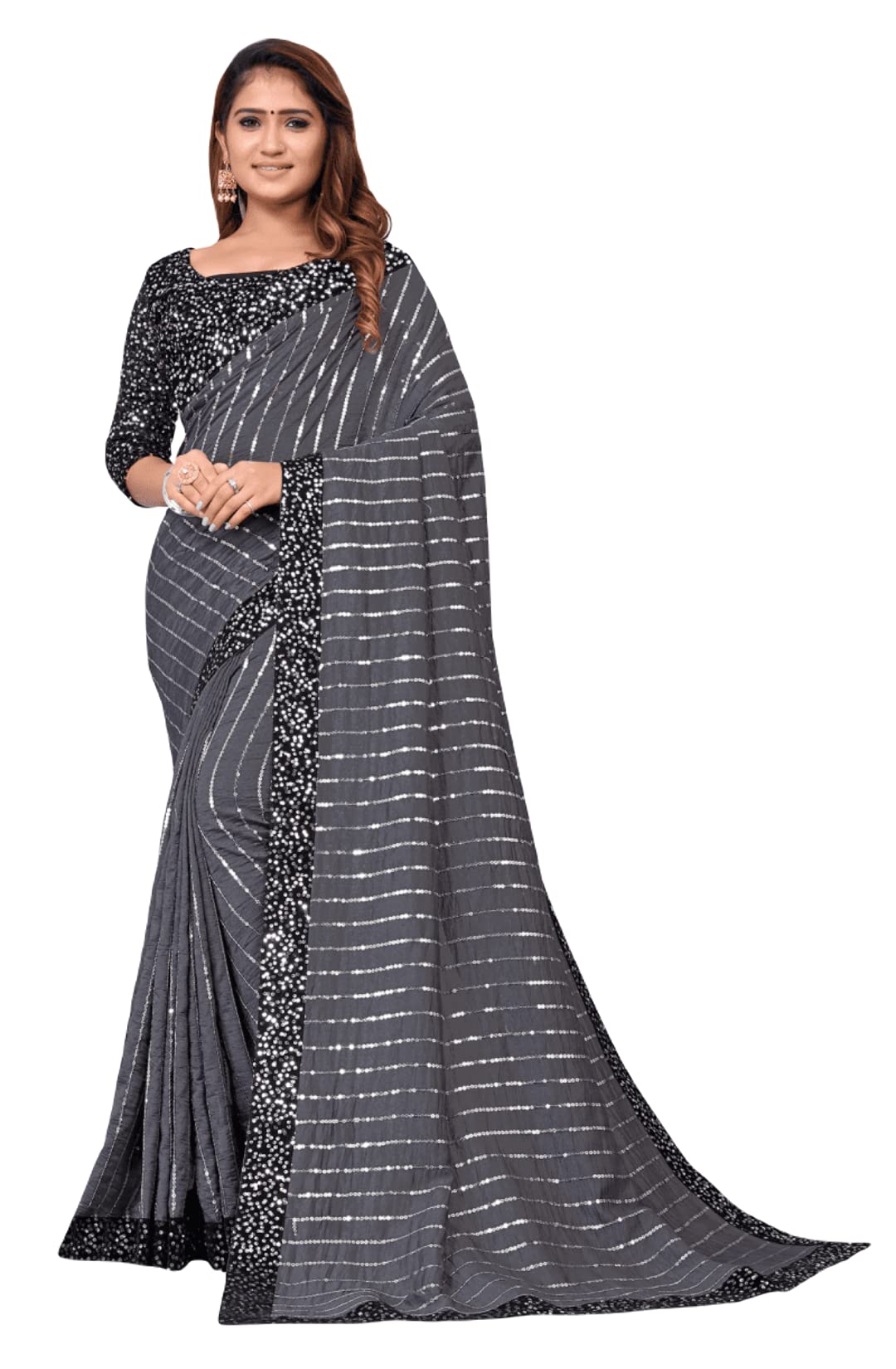 ATTIRIS Women's Silk Blend Sequined Saree with Blouse Piece(0.9m)
