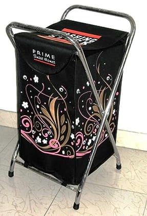 Jupiter Designer Laundry Bag Basket with Metal Stand - Curls Golden Black