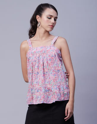Moomaya Printed Sleeveless Tops For Women, Square Neck Strap Shoulder Summer Tank Tops