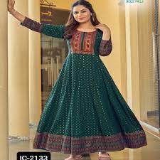 Women Embroidered Viscose Rayon Flared Kurta  (Green)