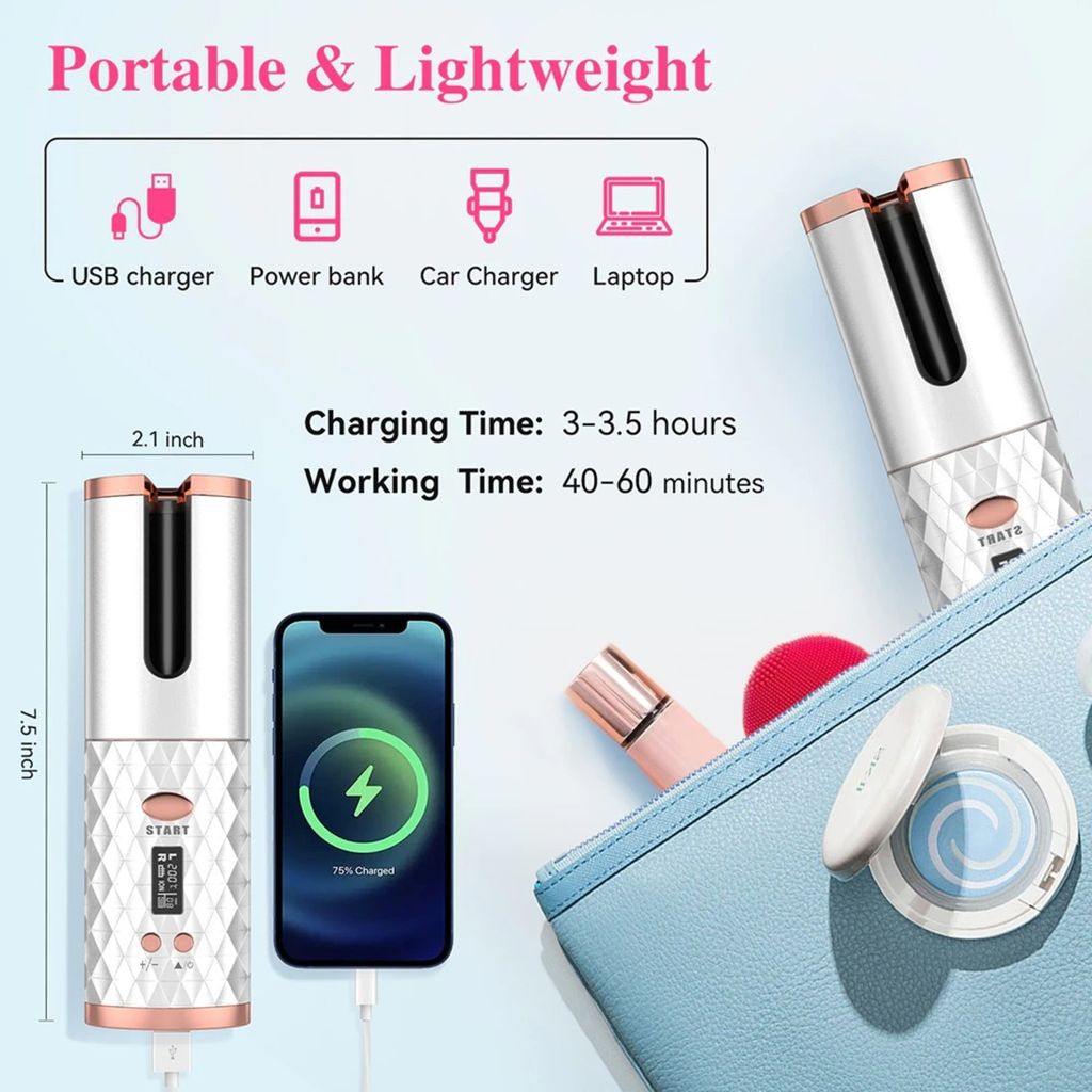 Trendzie Care Cordless Hair Curler I Styler Automatic Rotating & USB Rechargeable (Multicolors)