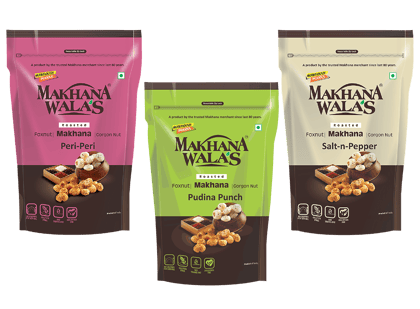 Makhanawala's Roasted & Flavoured Makhana (Foxnuts) | Gorgon nut | Gluten Free Vegan Snacks |Combo of Peri Peri + Pudhina Punch+ Salt & Peper Flavored makhana, Pack of 3, 70g Each.
