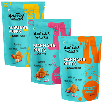 Makhanawala’s Makhana Puff | Chilli Chataka | Gluten Free Vegan Healthy Snacks | Rich in Protein & Calcium | Pack of 3, 60 g Each. Buttery Tamato + Chilli Chataka + Peri Peri