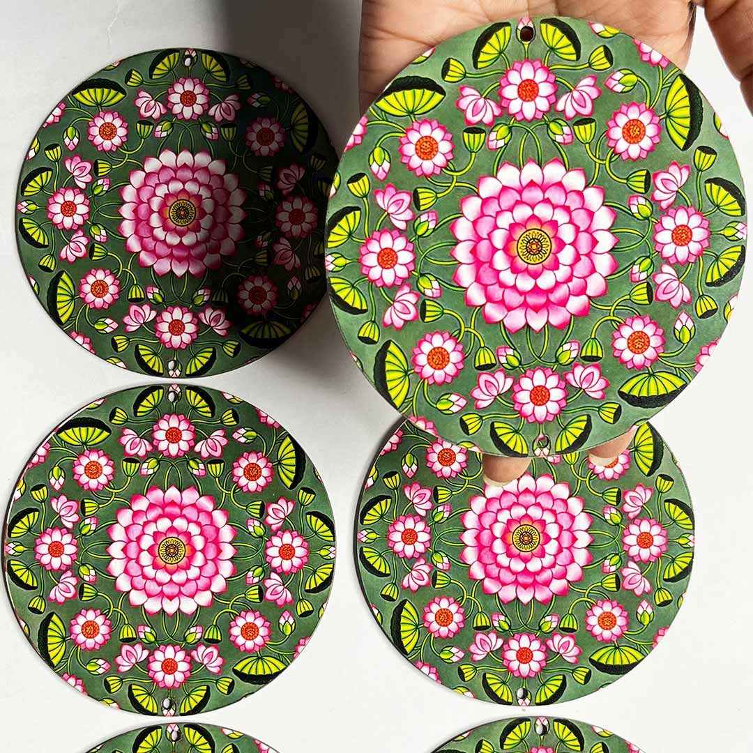 4 Inch Red Color Pichwai Lotus Print Fabric Plates Festival & Wedding Decorations and DIY Crafts main image 1