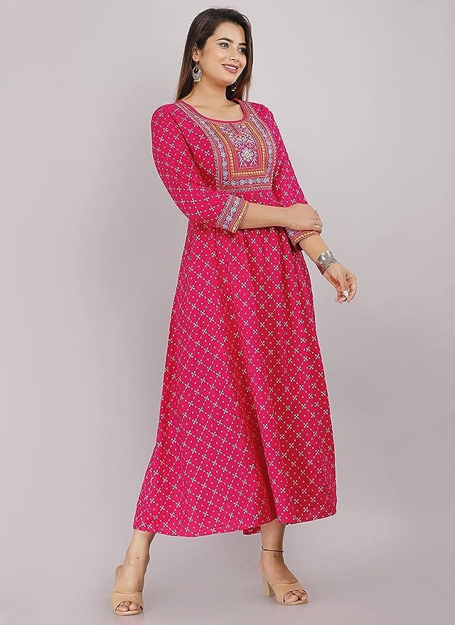 Women Embroidered Viscose Rayon Anarkali Kurta (Pink)
