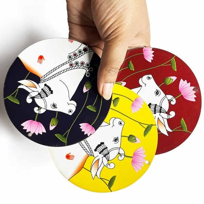 Multicolor Pichwai Cow With Lotus Mdf | Maroon Color Pichwai Cow | Yellow Color Pichwai Cow | Blue Color Pichwai Cow | MDF Cutout Design for Diwali | Dussehra | Rangoli | Pooja | Festival Gift | Wedding Decorations (4 Inches)