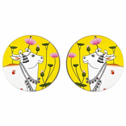 Yellow Color Pichwai Cow With Lotus Mdf | MDF Cutout Design for Diwali | Dussehra | Rangoli | Pooja | Festival Gift | Wedding Decorations (4 Inches)