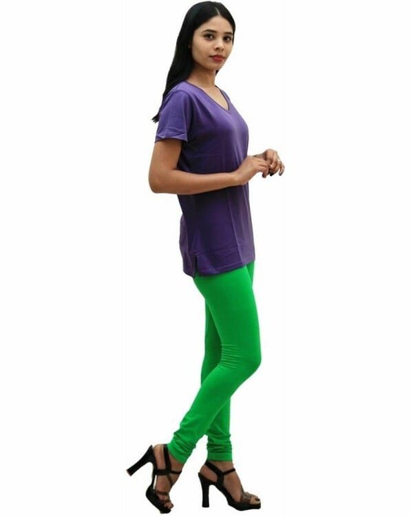 Womens Solid green Pure Cotton Churidar Length Skinny Fit Leggings