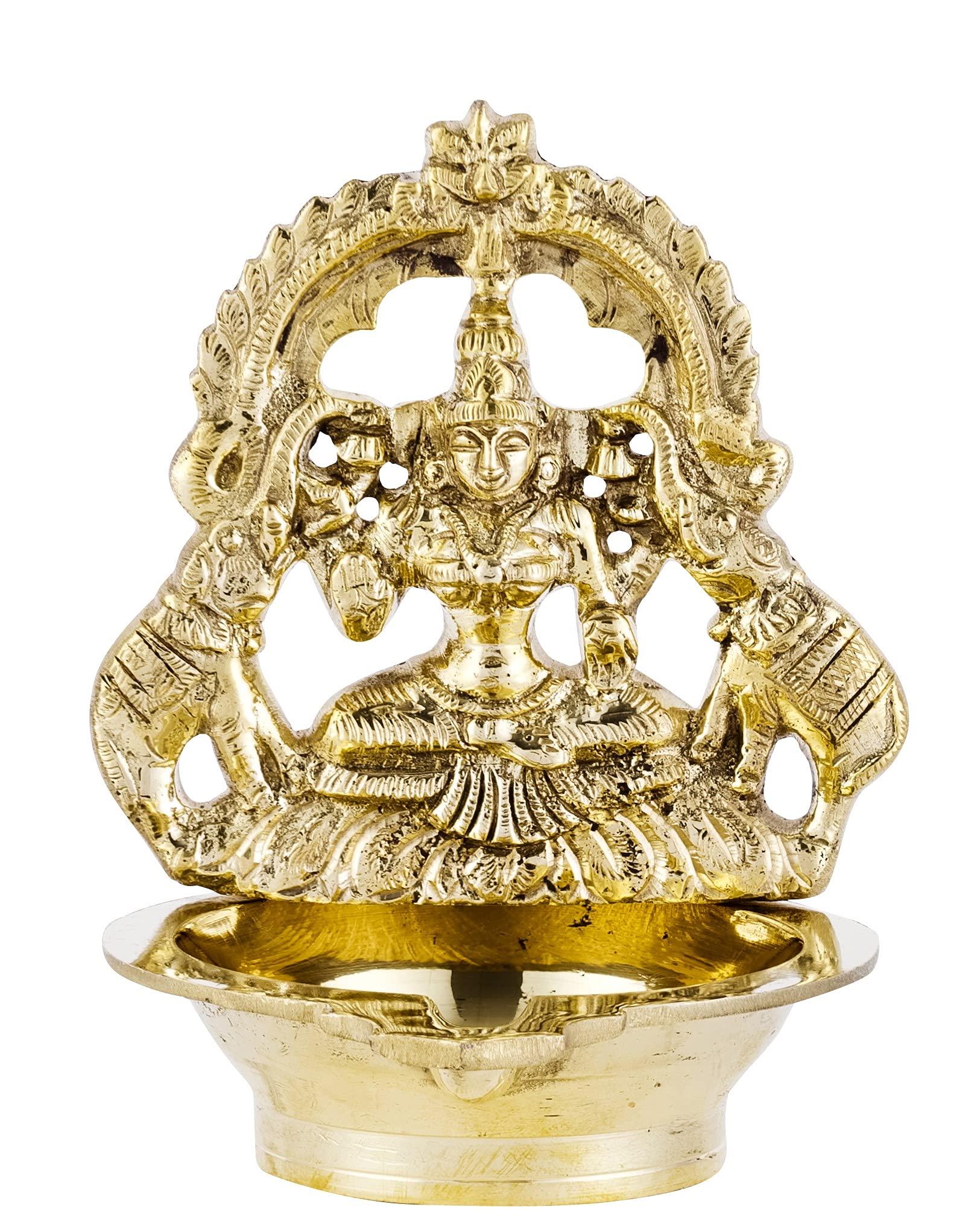 POOMPUHAR Handmade Brass Oil Lamp with Small Gajalakshmi (10 cm x 11 cm x 14 cm, Yellow)