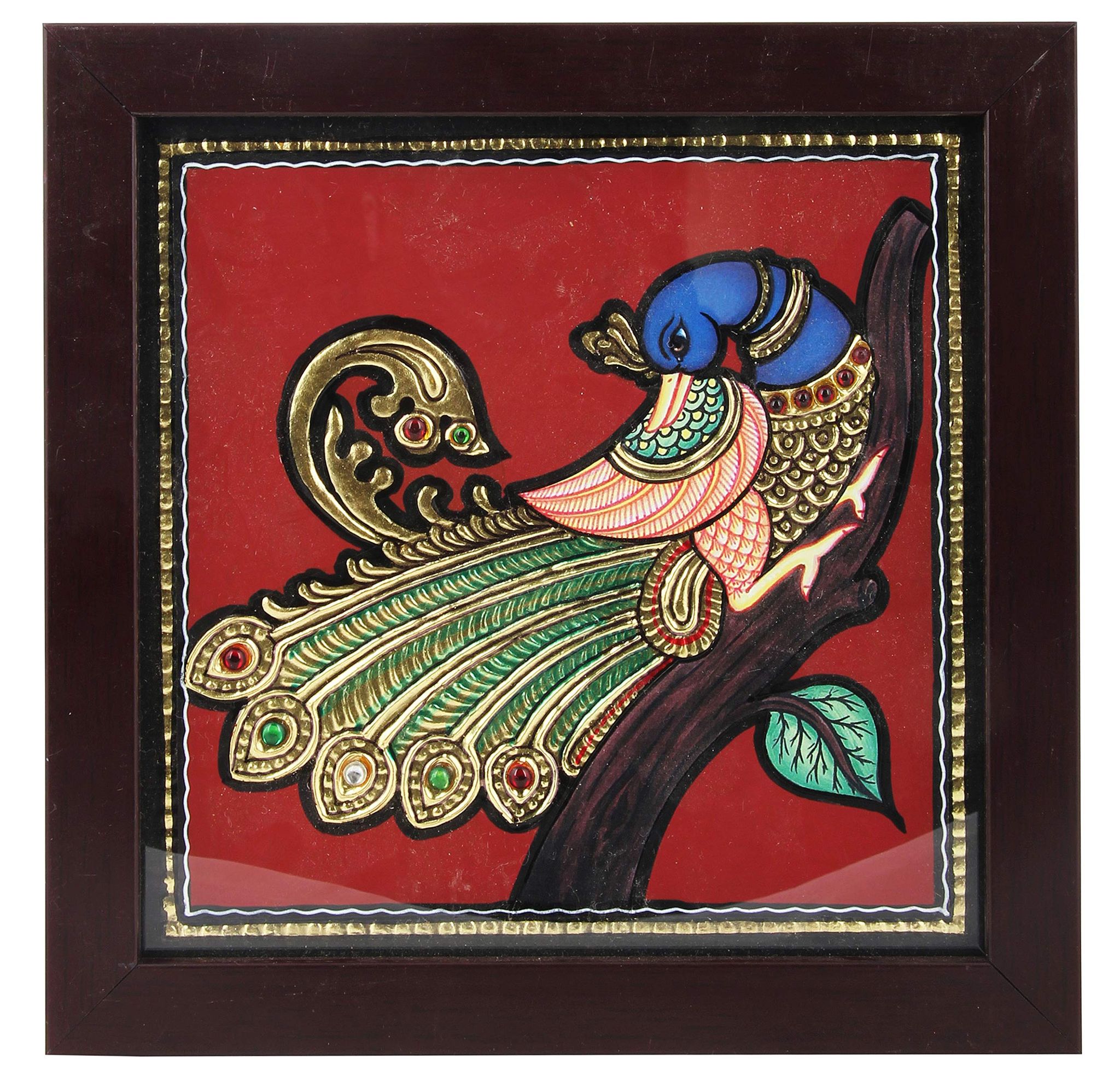 Poompuhar Peacock Tanjore Painting (Multicolour, Gold Foil Work, 7 inch x 0.5 inch x 7 inch).