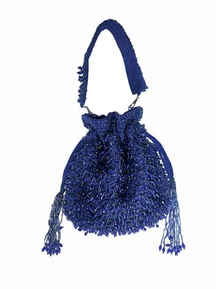 FHS Luxury Crystal Embroidery Handwork Velvet Potli Bag- Blue