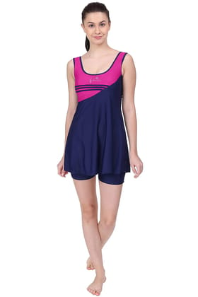 FILMAX® Originals Swimming Costume for Women's One-Piece Beach Wear Sleeveless with Skirted Boy Legs Jammer Swim Dress (Cherry-Navy Blue)