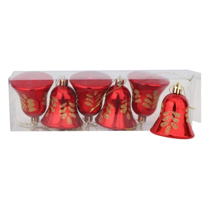 Smizzy Plastic Christmas Red Golden Big Bells (Pack of 6) Ornaments Decoration, Tree Bells with Hanging Loop for Xmas Tree Holiday Wedding Party Decor (7cm/3 inch Height Each, Red)
