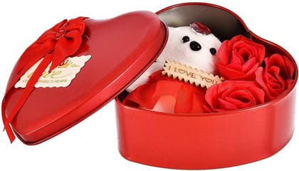 sakoraware Latest Heart Shape Gift Box and Teddy & Artificial Rose (1 Teddy Bear Doll, 3 Fragnant Rose Bud Petal, 1 Heart Shape Red Tin Box) Valentine Day Special for Wife, Girl Friend, Fiancee