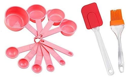 Sakoraware Plastic Measuring Cup and Spoons Set with Ring Holder, 10 pcs Combo with Silicone Brush Spatula Set (10 inch), 1 pc for Cake Baking Cooking, Assorted Colour