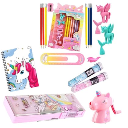 Smizzy Unicorn Stationary Stationery Set Pouch kit for Girls Kids Boys | Unicorn Gift Set for Girls | Unicorn Stationary | Pencil | Eraser | Sharpner | Diary | Paper Soap | Pencil Box case, 6 pcs