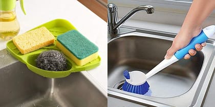 Sakoraware Multipurpose Plastic Sink Wash basin Organizer Storage Rack Corner Tray for Dishwasher liquid cleaning cloth Soap Scrubber, COMBO with Dual Brush Cleaning Brush (30cm long), Green and blue