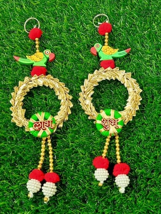 Smizzy Diwali Decoration Items for Home Decor Shubh Labh Wall Hanging Toran for Door Entrance Pooja Room Parrot Garlands for Diwali Home Decoration Pooja, Set of 2, Red