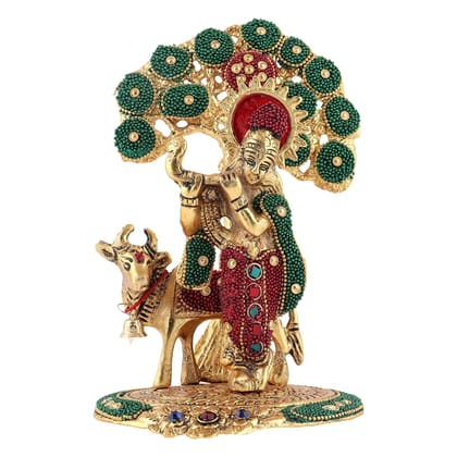 Kalakriti Gift Items Metal Krishna Idol Murti with Kamdhenu Cow Under Tree - Gold Plated Showpiece Articles for Home Decor, Office,House Warming (18X12X11 CM, 370 GM, 1 PC) Multicolor