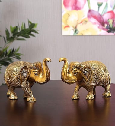 Kalakriti Metal Elephant Statue Small Size Gold Polish 2 pcs Set for Your Home,Office Table Decorative & Gift Article, Animal Showpiece Figurines (15X9X4 CM), Golden