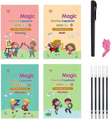 Practice magic notebook kids, Number Tracing Book for Preschoolers with Pen, Magic Calligraphy Copybook Set Practical Reusable Writing Tool Simple Hand Lettering (4 Books+1 Pen+1 Grip and 5 Refills)