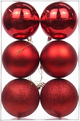 Smizzy Plastic Christmas Big Ball Ornaments (Pack of 6 with 3 Different Patterns) Tree Balls with Hanging Loop for Xmas Tree Wedding Party | Christmas Decorations | Home Decor Items | (Red)