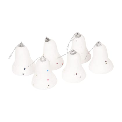 Smizzy Christmas hanging bells | xmas decoration items| White Snow Bells with Glitters (Pack of 6) Ornaments Decoration, Xmas Decor Tree Holiday Wedding Party Decor | christmas tree decorations | (7cm/3 inch Height, White)
