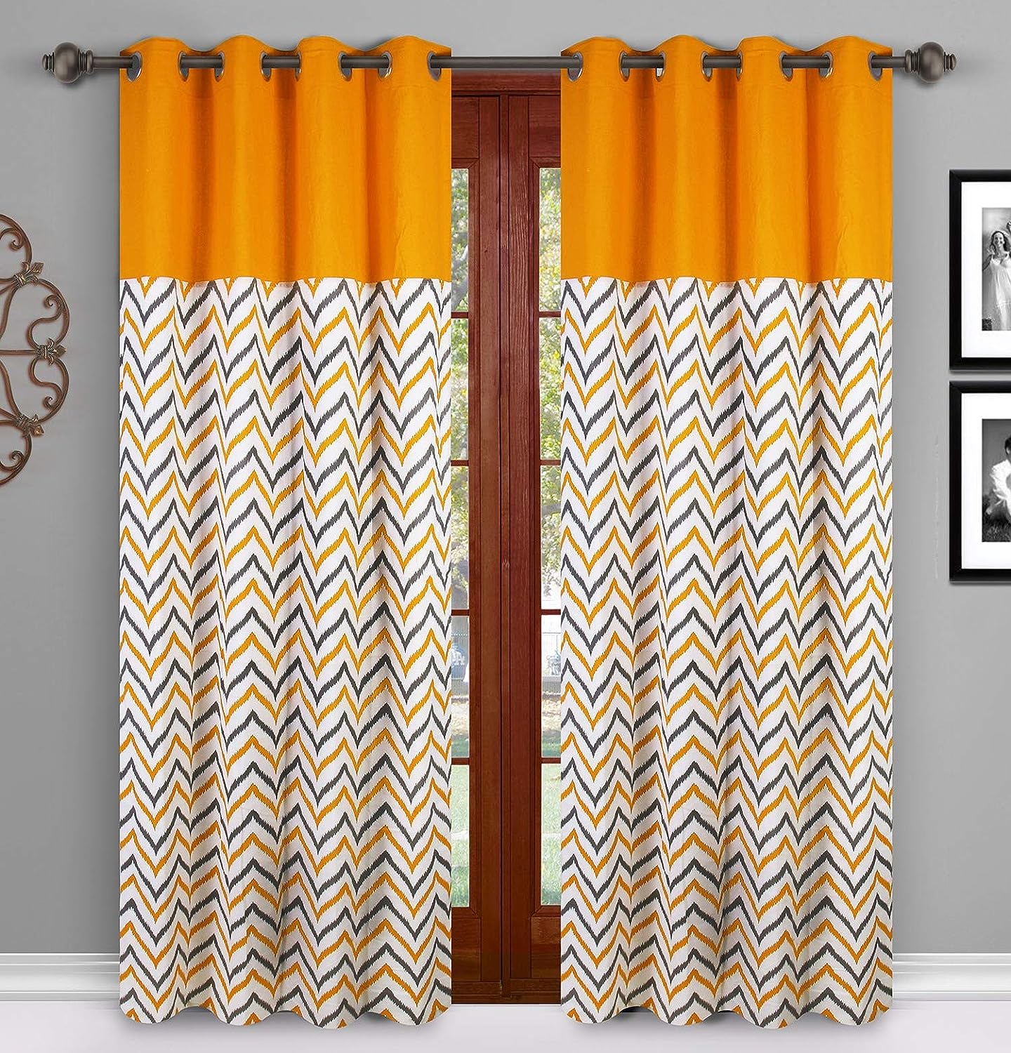 Dekor World Cotton Yellow Ikat Chevron Printed Eyelet Curtain Set (Pack of 2)-110x150cm (4x5 Feet) Window Curtain