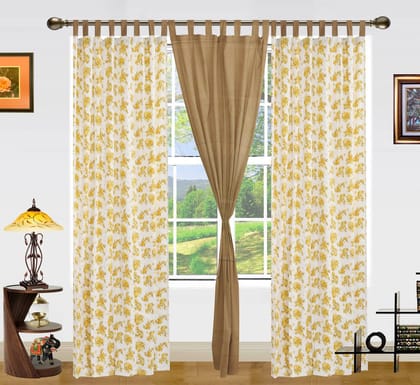 Dekor World Yellow Floral Printed Cotton Loop Door Curtain Set (Pack of 3)