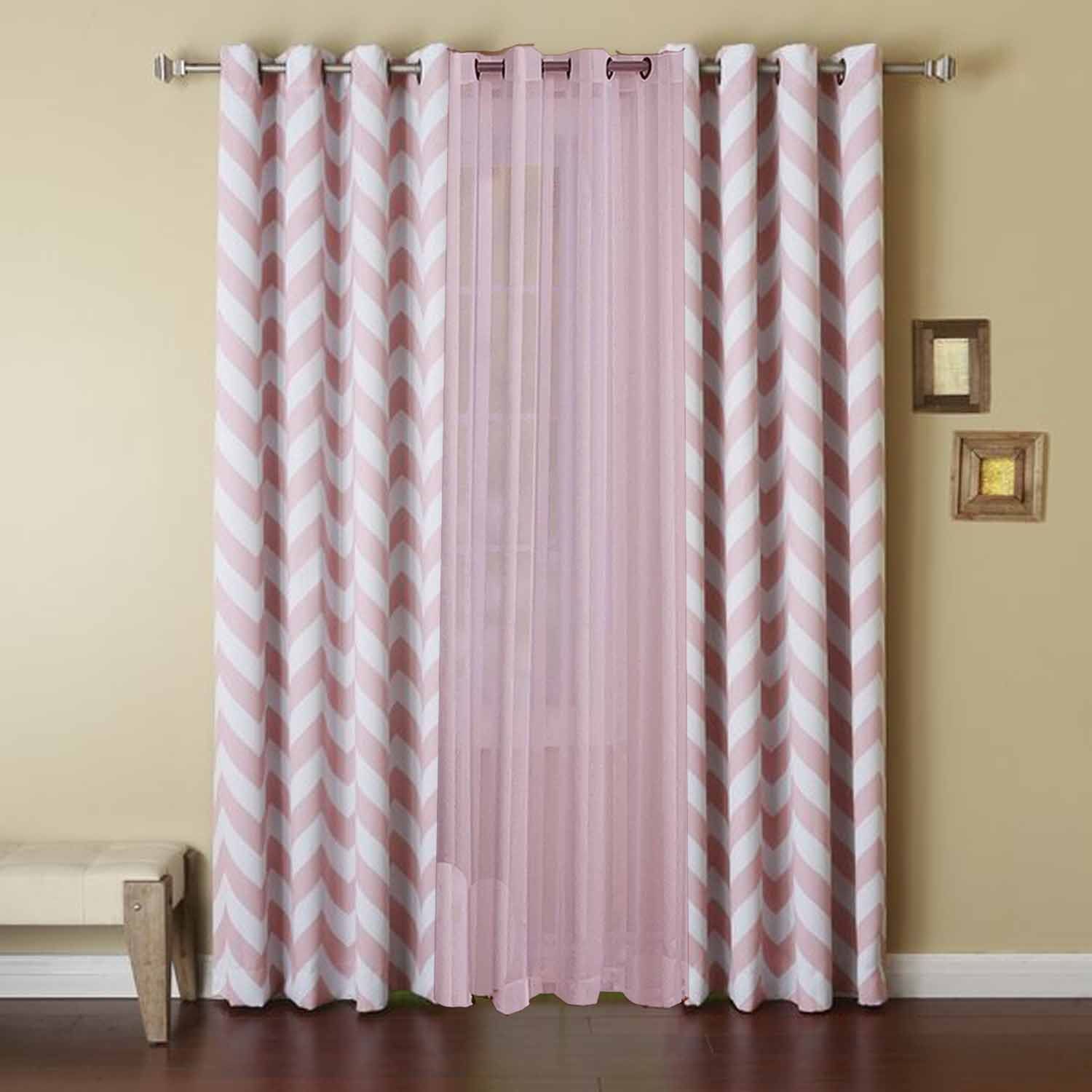 Dekor World Cotton Pink Chevron Printed with Voil Sheer Eyelet Curtain Set (Pack of 3) - 110x275cm (4x9Feet) Long Door Curtain