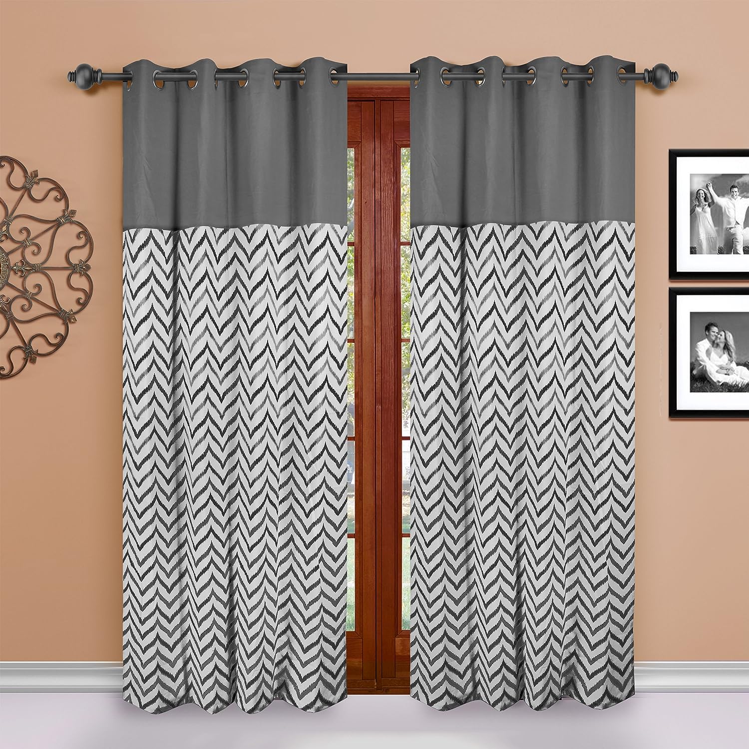 Dekor World Cotton Grey Ikat Chevron Printed Eyelet Curtain Set (Pack of 2) - 110x215cm (4x7 Feet) Door Curtain