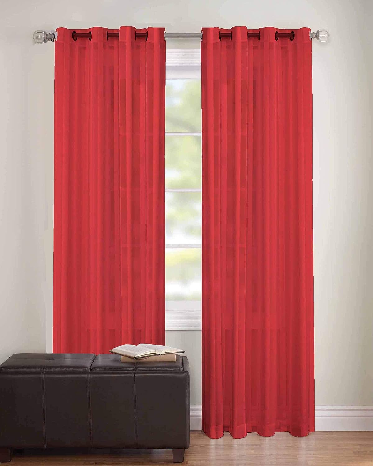 Dekor World Cotton Red Sheer Eyelet Curtain Set (Pack of 2) - 110x275cm (4x9Feet) Long Door Curtain for Bedroom and Living Room