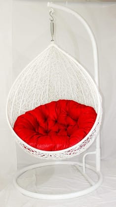 Oxy Comfort Hanging Swing Chair with Red Cushion Stand and Hook | for Outdoor/Indoor/Balcony/Garden/Patio (White)