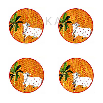 Orange Pichwai Cow With Banana Tree Mdf 6 Inches | MDF Cutout Design for Diwali | Dussehra | Rangoli | Pooja | Festival Gift | Wedding Decorations | Wall Art | Wall Painting | Pichwai Cow Wall Painting | Hpme Wall Decoration- 6 Inches