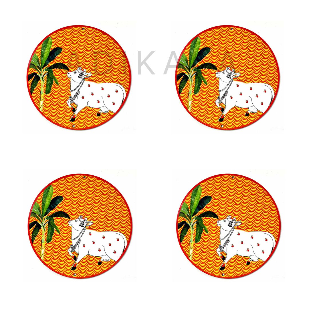 Orange Pichwai Cow With Banana Tree Mdf 6 Inches | MDF Cutout Design for Diwali | Dussehra | Rangoli | Pooja | Festival Gift | Wedding Decorations | Wall Art | Wall Painting | Pichwai Cow Wall Painting | Hpme Wall Decoration- 6 Inches