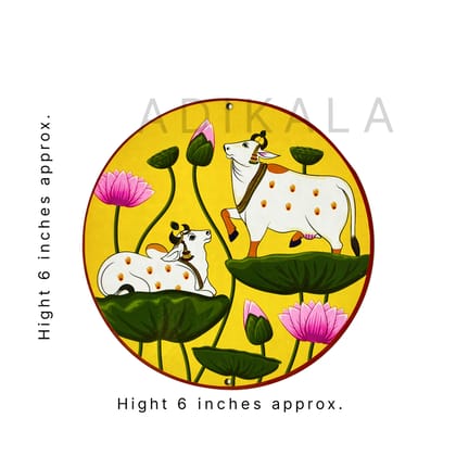 Yellow Pichwai Pair Cow With Lotus Mdf 6 IN | MDF Cutout Design for Diwali | Dussehra | Rangoli | Pooja | Festival Gift | Wedding Decorations | Wall Art | Wall Painting | Pichwai Cow Wall Painting | Hpme Wall Decoration-6 IN