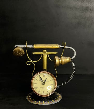 SHAMBHU HANDICRAFTS : HANDPAINTED GOLDEN TELEPHONE & COPPER METAL TABLE CLOCK HOME DECOR /DRAWING ROOM DECOR / OFFICE DECOR AND GIFT