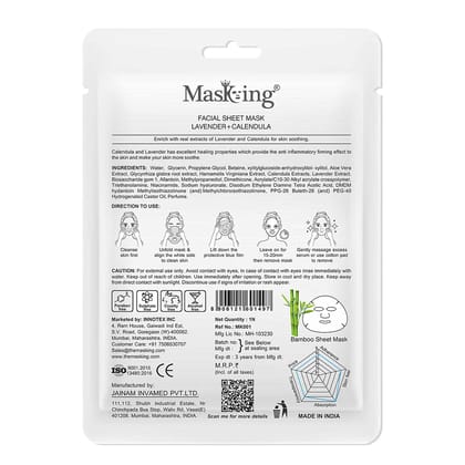 MasKing Bamboo Facial Sheet Mask of Lavender & Calendula for Skin Soothing Ideal for Women & Men 20ml, (Pack of 1)